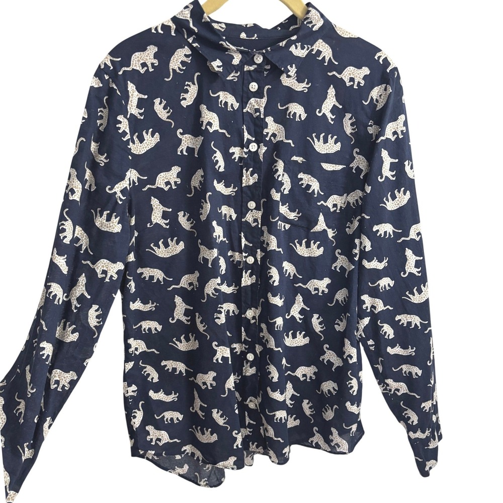 J. Crew Womens Navy Blue Leopard‎ Pattern Preppy Long Sleeve Shirt 100% Cotton M